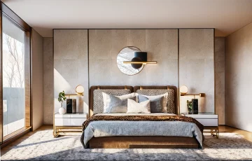 architecte d'interieur cannes alpes maritimes decorateur design maison chambre a coucher lit beige zed design transformation optimisation d’espaces réaménagement d’intérieur projet de décoration sur mesure